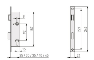 Låskasse Smalprofil ESR RR30       PZ 92 Dornmål 30 mm.